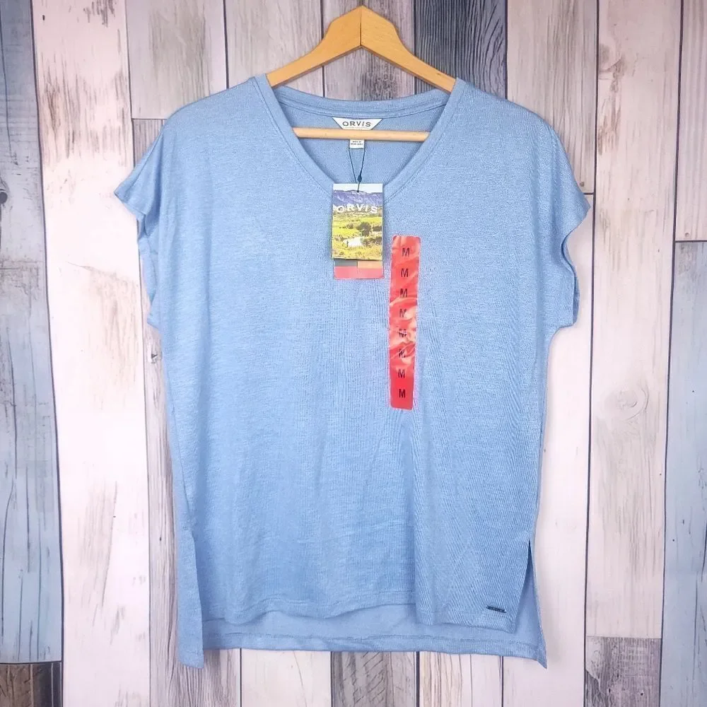 Orvis Blue Knit Tunic Top Short Sleeve V Neck Size Medium